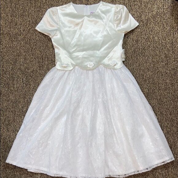 VTG,Little Miss Made In USA Lace White And Ivory Flutter Sleeve Sundress Size 8 - Picture 1 of 7